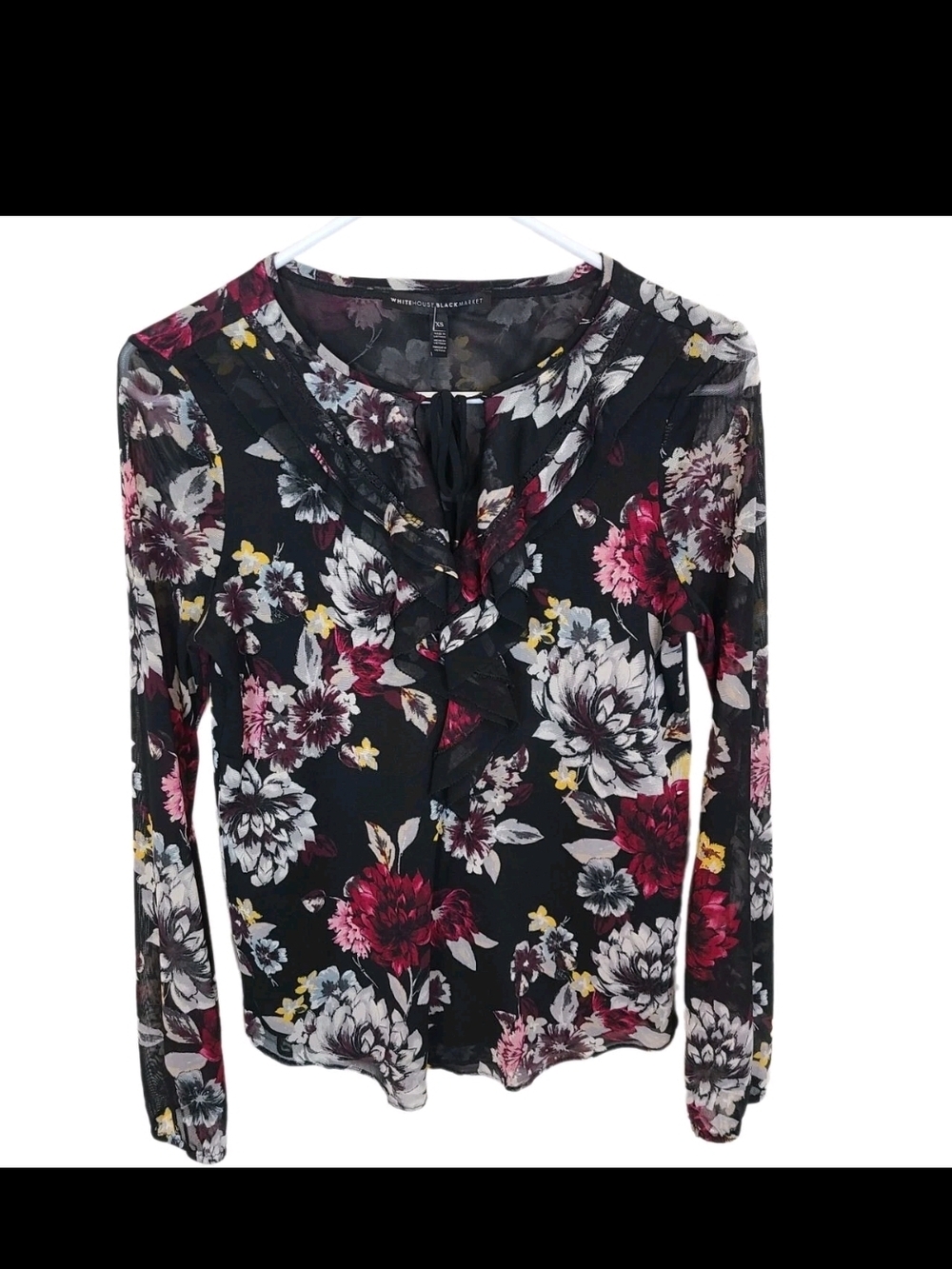 White House Black Market Black Floral Ruffle Tie-Neck Blouse